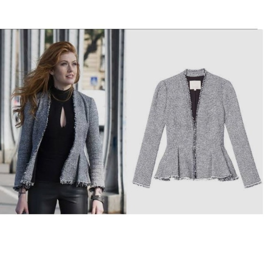 Rebecca Taylor Lurex Tweed Peplum Jacket Small Black White Fringe - Picture 1 of 8